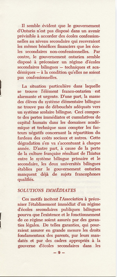 Reproduction de la neuvi&egrave;me page du M&eacute;moire concernant un r&eacute;gime d’&eacute;coles secondaires bilingues en Ontario par l’Association canadienne-fran&ccedil;aise d’&eacute;ducation d’Ontario (ACFEO), mars 1967.