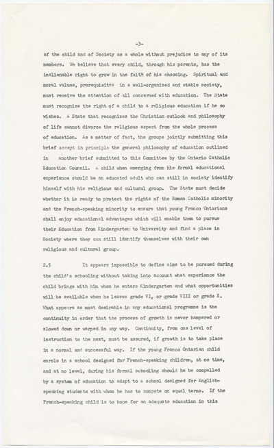 Reproduction de la troisi&egrave;me page du m&eacute;moire soumis au Comit&eacute; provincial sur les buts et objectifs de l’&eacute;ducation dans les &eacute;coles de l’Ontario par l’Association canadienne-fran&ccedil;aise d’&eacute;ducation d’Ontario (ACFEO), l’Association des enseignants franco-ontariens (AEFO), l’Association des commissions des &eacute;coles bilingues de l’Ontario (ACEBO), la F&eacute;d&eacute;ration des associations de parents et instituteurs de langue fran&ccedil;aise de l’Ontario (FAPI), l’Association franco-ontarienne des inspecteurs de l’enseignement bilingue et des professeurs de l’&eacute;cole normale (AFOIEBPEN), d&eacute;cembre 1965.