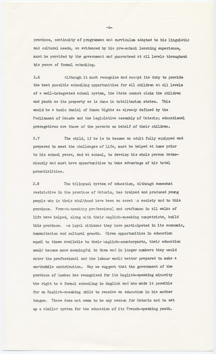 Reproduction de la quatri&egrave;me page du m&eacute;moire soumis au Comit&eacute; provincial sur les buts et objectifs de l’&eacute;ducation dans les &eacute;coles de l’Ontario par l’Association canadienne-fran&ccedil;aise d’&eacute;ducation d’Ontario (ACFEO), l’Association des enseignants franco-ontariens (AEFO), l’Association des commissions des &eacute;coles bilingues de l’Ontario (ACEBO), la F&eacute;d&eacute;ration des associations de parents et instituteurs de langue fran&ccedil;aise de l’Ontario (FAPI), l’Association franco-ontarienne des inspecteurs de l’enseignement bilingue et des professeurs de l’&eacute;cole normale (AFOIEBPEN), d&eacute;cembre 1965.