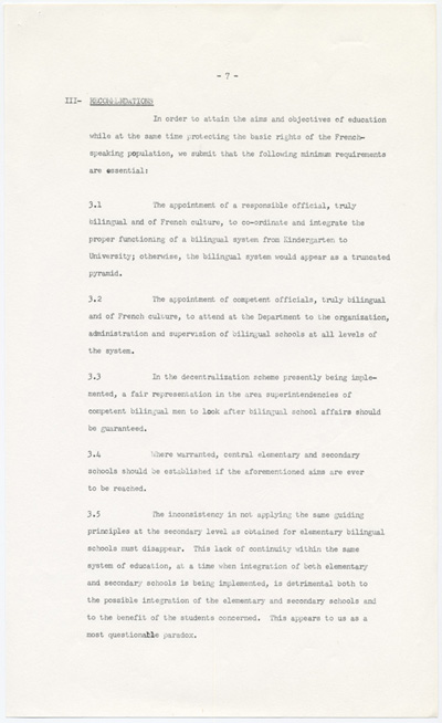 Reproduction de la septi&egrave;me page du m&eacute;moire soumis au Comit&eacute; provincial sur les buts et objectifs de l’&eacute;ducation dans les &eacute;coles de l’Ontario par l’Association canadienne-fran&ccedil;aise d’&eacute;ducation d’Ontario (ACFEO), l’Association des enseignants franco-ontariens (AEFO), l’Association des commissions des &eacute;coles bilingues de l’Ontario (ACEBO), la F&eacute;d&eacute;ration des associations de parents et instituteurs de langue fran&ccedil;aise de l’Ontario (FAPI), l’Association franco-ontarienne des inspecteurs de l’enseignement bilingue et des professeurs de l’&eacute;cole normale (AFOIEBPEN), d&eacute;cembre 1965.