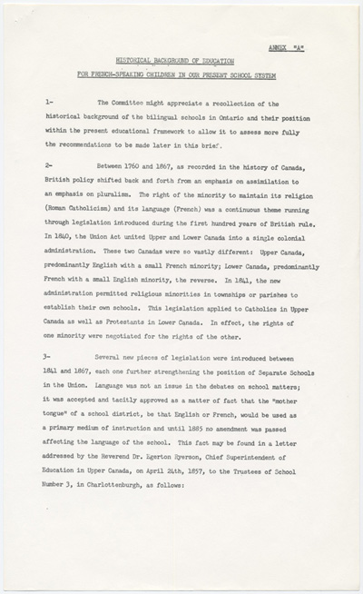 Reproduction de la premi&egrave;re page de l’annexe A du m&eacute;moire soumis au Comit&eacute; provincial sur les buts et objectifs de l’&eacute;ducation dans les &eacute;coles de l’Ontario par l’Association canadienne-fran&ccedil;aise d’&eacute;ducation d’Ontario (ACFEO), l’Association des enseignants franco-ontariens (AEFO), l’Association des commissions des &eacute;coles bilingues de l’Ontario (ACEBO), la F&eacute;d&eacute;ration des associations de parents et instituteurs de langue fran&ccedil;aise de l’Ontario (FAPI), l’Association franco-ontarienne des inspecteurs de l’enseignement bilingue et des professeurs de l’&eacute;cole normale (AFOIEBPEN), d&eacute;cembre 1965.