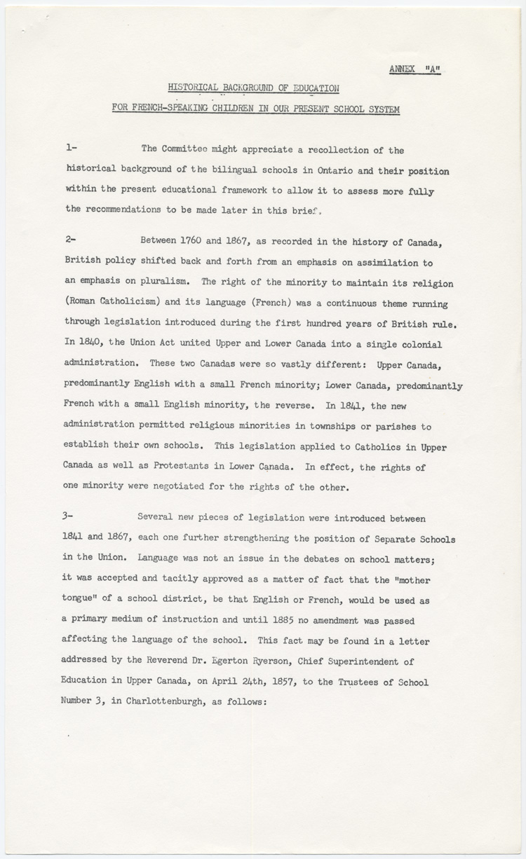 Reproduction de la première page de l’annexe A du mémoire soumis au Comité provincial sur les buts et objectifs de l’éducation dans les écoles de l’Ontario par l’Association canadienne-française d’éducation d’Ontario (ACFEO), l’Association des enseignants franco-ontariens (AEFO), l’Association des commissions des écoles bilingues de l’Ontario (ACEBO), la Fédération des associations de parents et instituteurs de langue française de l’Ontario (FAPI), l’Association franco-ontarienne des inspecteurs de l’enseignement bilingue et des professeurs de l’école normale (AFOIEBPEN), décembre 1965.