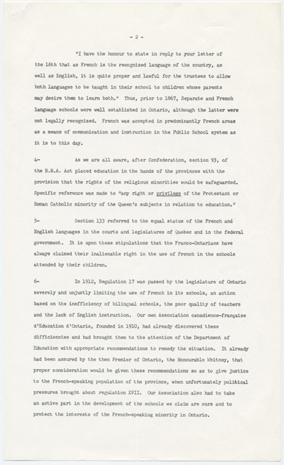 Reproduction de la deuxi&egrave;me page de l’Annexe A du m&eacute;moire soumis au Comit&eacute; provincial sur les buts et objectifs de l’&eacute;ducation dans les &eacute;coles de l’Ontario par l’Association canadienne-fran&ccedil;aise d’&eacute;ducation d’Ontario (ACFEO), l’Association des enseignants franco-ontariens (AEFO), l’Association des commissions des &eacute;coles bilingues de l’Ontario (ACEBO), la F&eacute;d&eacute;ration des associations de parents et instituteurs de langue fran&ccedil;aise de l’Ontario (FAPI), l’Association franco-ontarienne des inspecteurs de l’enseignement bilingue et des professeurs de l’&eacute;cole normale (AFOIEBPEN), d&eacute;cembre 1965.