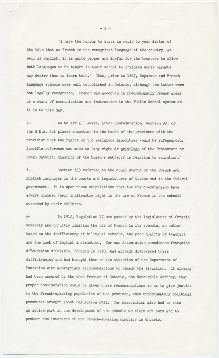 Reproduction de la deuxi&egrave;me page de l’Annexe A du m&eacute;moire soumis au Comit&eacute; provincial sur les buts et objectifs de l’&eacute;ducation dans les &eacute;coles de l’Ontario par l’Association canadienne-fran&ccedil;aise d’&eacute;ducation d’Ontario (ACFEO), l’Association des enseignants franco-ontariens (AEFO), l’Association des commissions des &eacute;coles bilingues de l’Ontario (ACEBO), la F&eacute;d&eacute;ration des associations de parents et instituteurs de langue fran&ccedil;aise de l’Ontario (FAPI), l’Association franco-ontarienne des inspecteurs de l’enseignement bilingue et des professeurs de l’&eacute;cole normale (AFOIEBPEN), d&eacute;cembre 1965.