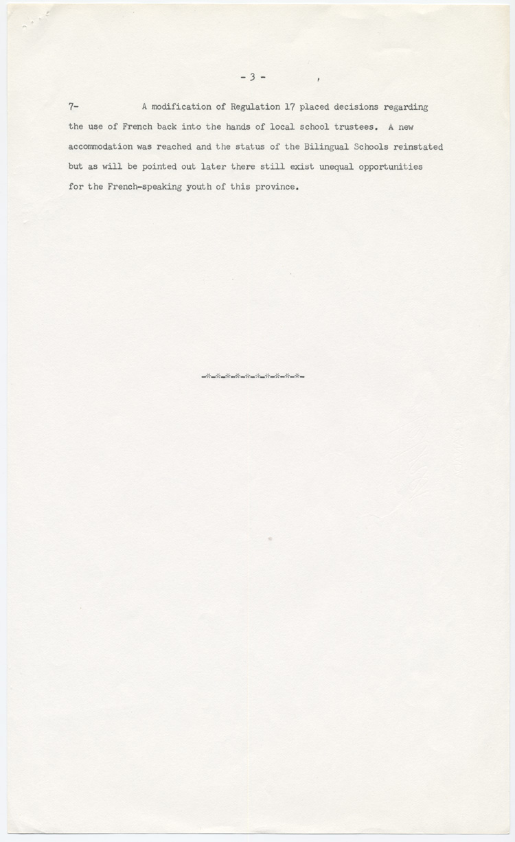 Reproduction de la troisi&egrave;me page de l’Annexe A du m&eacute;moire soumis au Comit&eacute; provincial sur les buts et objectifs de l’&eacute;ducation dans les &eacute;coles de l’Ontario par l’Association canadienne-fran&ccedil;aise d’&eacute;ducation d’Ontario (ACFEO), l’Association des enseignants franco-ontariens (AEFO), l’Association des commissions des &eacute;coles bilingues de l’Ontario (ACEBO), la F&eacute;d&eacute;ration des associations de parents et instituteurs de langue fran&ccedil;aise de l’Ontario (FAPI), l’Association franco-ontarienne des inspecteurs de l’enseignement bilingue et des professeurs de l’&eacute;cole normale (AFOIEBPEN), d&eacute;cembre 1965.