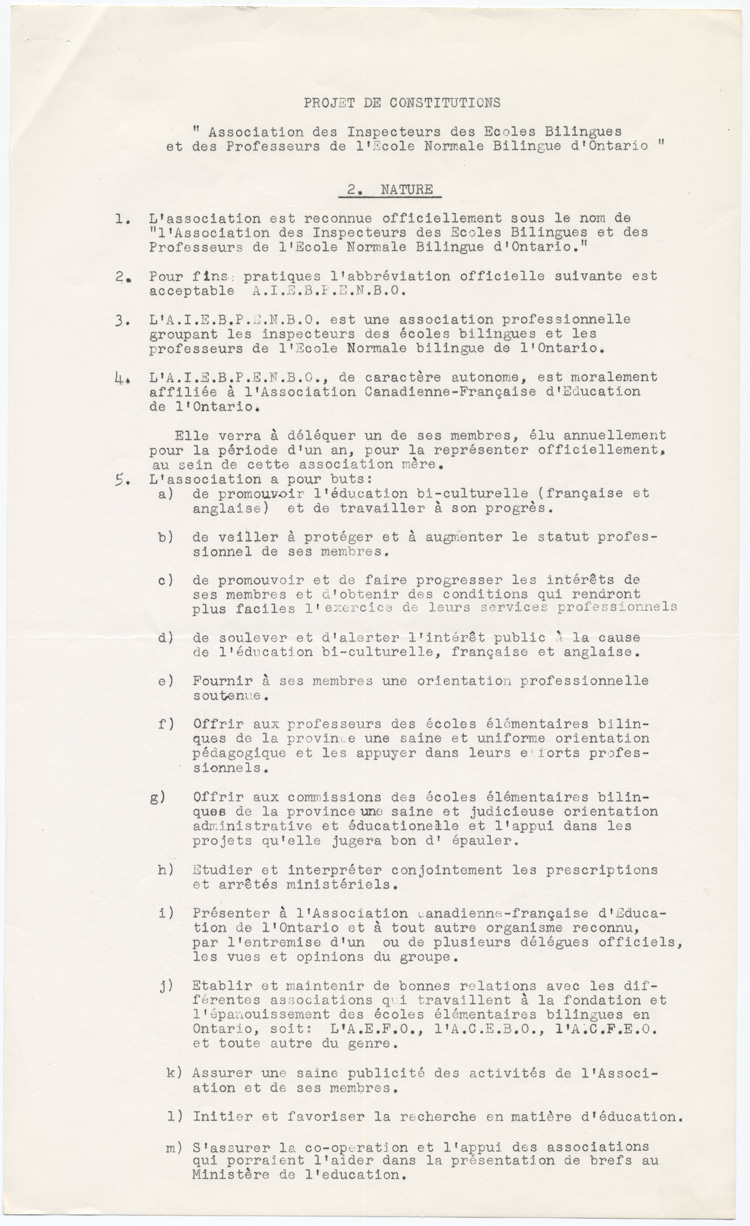 Reproduction de la deuxième page d’un projet de constitution, statuts et règlements, de l’Association des inspecteurs d’écoles bilingues et des professeurs de l’école normale bilingue de l’Ontario, connue sous le nom de Association franco-ontarienne des inspecteurs de l’enseignement et des professeurs d’école normale (AFOIEPEN), 1959.