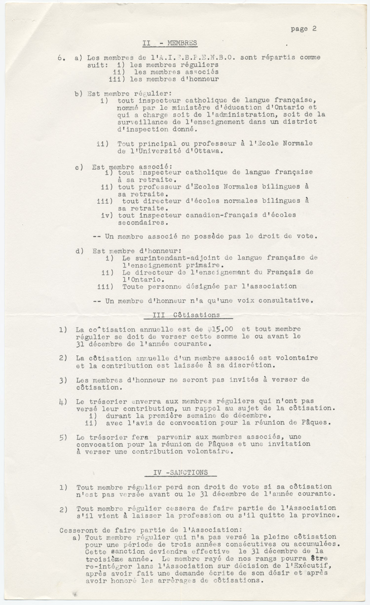 Reproduction de la troisième page d’un projet de constitution, statuts et règlements, de l’Association des inspecteurs d’écoles bilingues et des professeurs de l’école normale bilingue de l’Ontario, connue sous le nom de Association franco-ontarienne des inspecteurs de l’enseignement et des professeurs d’école normale (AFOIEPEN), 1959.
