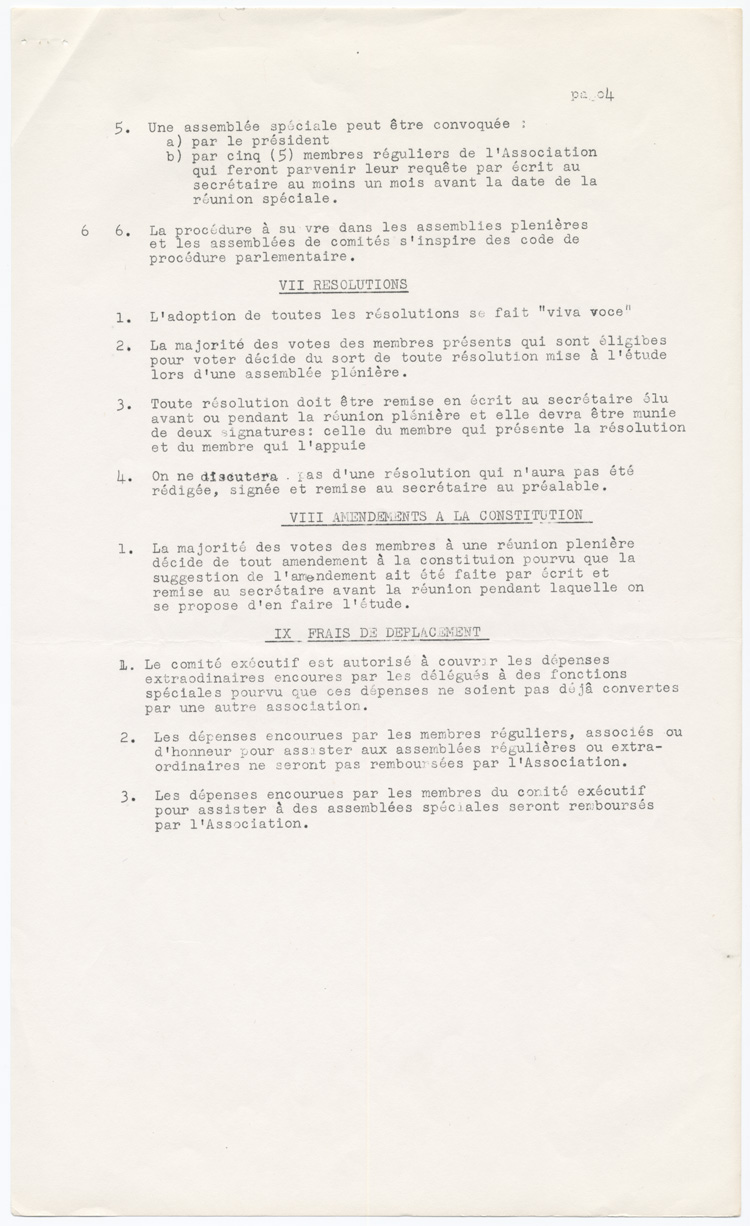 Reproduction de la cinquième page d’un projet de constitution, statuts et règlements, de l’Association des inspecteurs d’écoles bilingues et des professeurs de l’école normale bilingue de l’Ontario, connue sous le nom de Association franco-ontarienne des inspecteurs de l’enseignement et des professeurs d’école normale (AFOIEPEN), 1959.