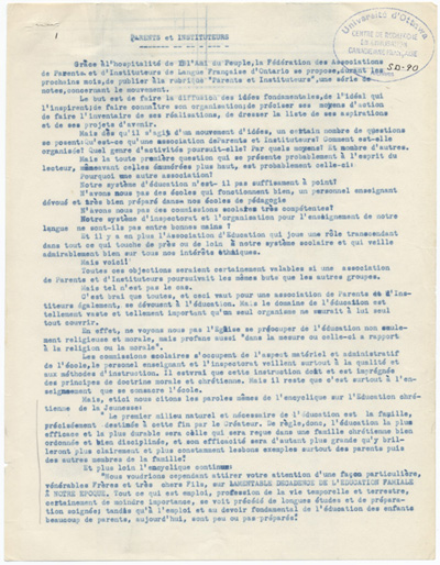 Reproduction de la premi&egrave;re page du texte de pr&eacute;sentation de la rubrique de la F&eacute;d&eacute;ration des associations de parents et instituteurs de langue fran&ccedil;aise de l’Ontario intitul&eacute; Parents et Instituteurs &agrave; para&icirc;tre dans l’hebdomadaire L’Ami du peuple de Sudbury (Ontario), ca 1954.