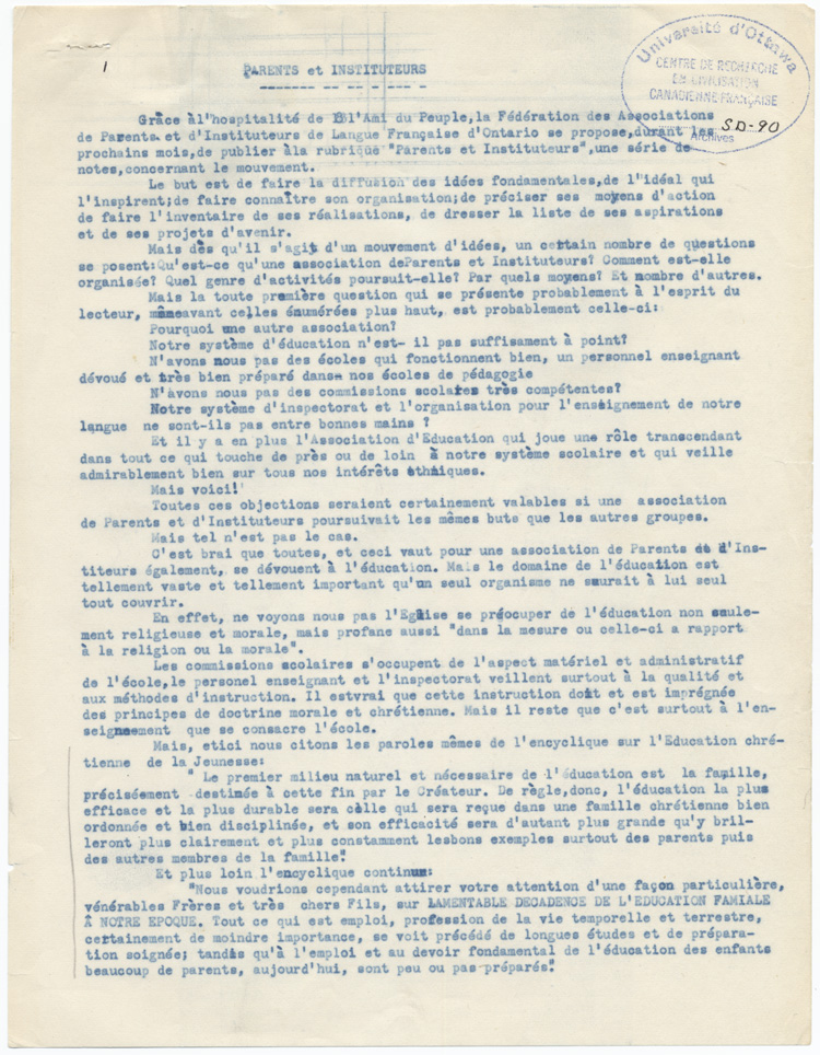 Reproduction de la première page du texte de présentation de la rubrique de la Fédération des associations de parents et instituteurs de langue française de l’Ontario intitulé Parents et Instituteurs à paraître dans l’hebdomadaire L’Ami du peuple de Sudbury (Ontario), ca 1954.