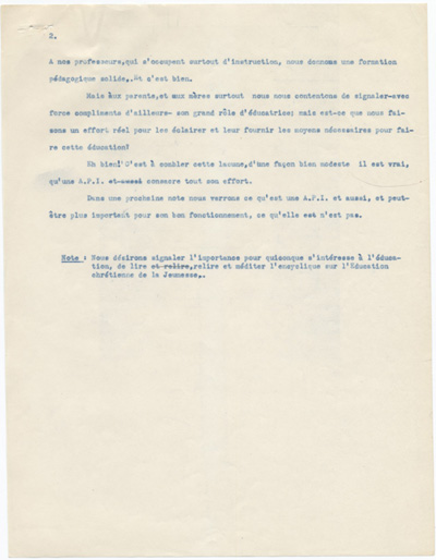 Reproduction de la deuxi&egrave;me page du texte de pr&eacute;sentation de la rubrique de la F&eacute;d&eacute;ration des associations de parents et instituteurs de langue fran&ccedil;aise de l’Ontario intitul&eacute; Parents et Instituteurs &agrave; para&icirc;tre dans l’hebdomadaire L’Ami du peuple de Sudbury (Ontario), ca 1954.