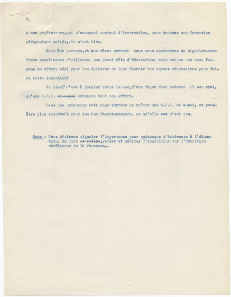 Reproduction de la deuxième page du texte de présentation de la rubrique de la Fédération des associations de parents et instituteurs de langue française de l’Ontario intitulé Parents et Instituteurs à paraître dans l’hebdomadaire L’Ami du peuple de Sudbury (Ontario), ca 1954.