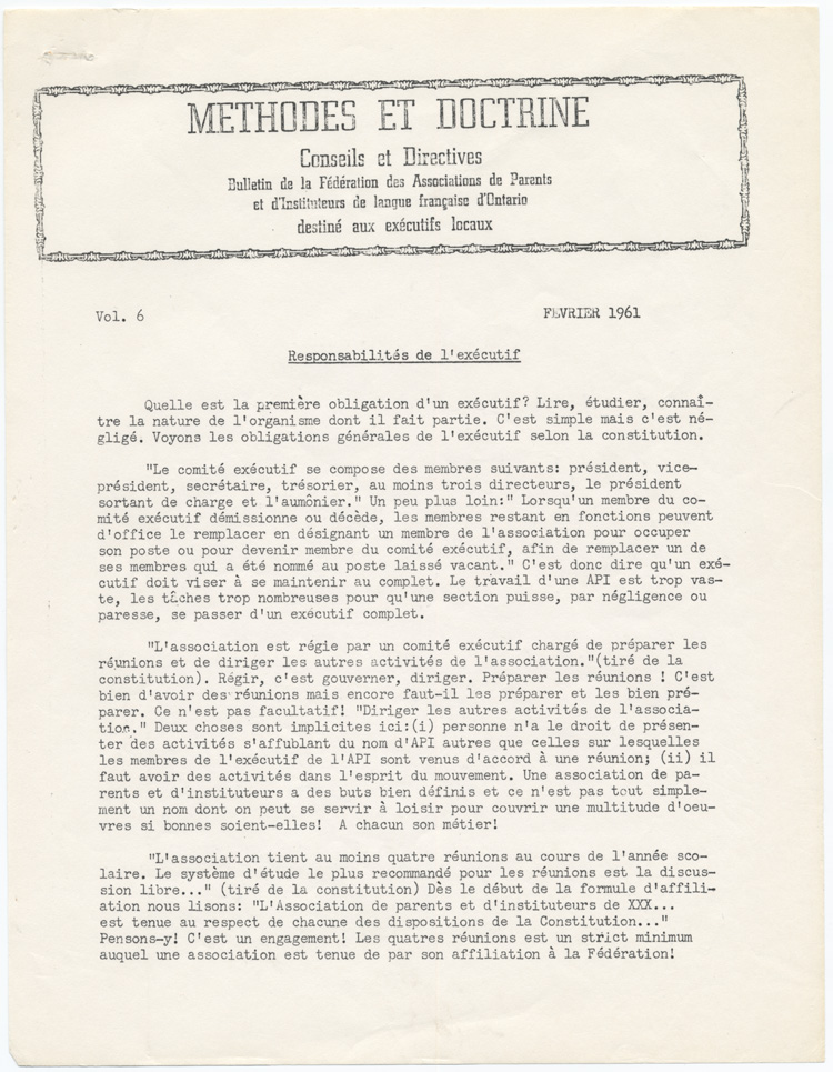 Reproduction de la première page du sixième volume du bulletin de la Fédération des associations de parents et d’instituteurs de langue française d’Ontario destiné aux exécutifs locaux, intitulé Méthodes et Doctrine : conseils et directives, février 1961.
