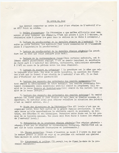 Reproduction de la deuxi&egrave;me page du sixi&egrave;me volume du bulletin de la F&eacute;d&eacute;ration des associations de parents et d’instituteurs de langue fran&ccedil;aise d’Ontario destin&eacute; aux ex&eacute;cutifs locaux, intitul&eacute; M&eacute;thodes et Doctrine : conseils et directives, f&eacute;vrier 1961.