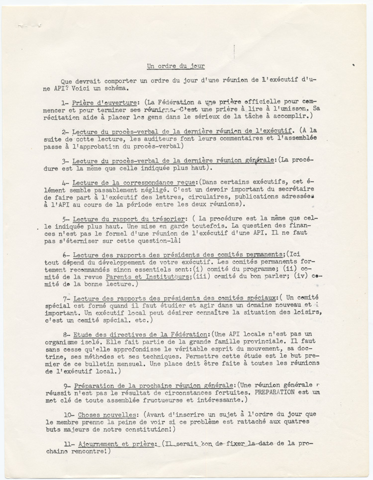 Reproduction de la deuxi&egrave;me page du sixi&egrave;me volume du bulletin de la F&eacute;d&eacute;ration des associations de parents et d’instituteurs de langue fran&ccedil;aise d’Ontario destin&eacute; aux ex&eacute;cutifs locaux, intitul&eacute; M&eacute;thodes et Doctrine : conseils et directives, f&eacute;vrier 1961.