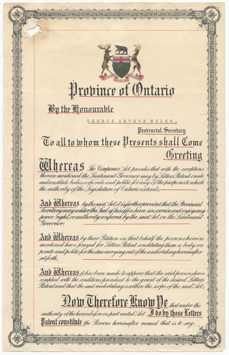 Reproduction de la deuxi&egrave;me page des lettres patentes de la F&eacute;d&eacute;ration des associations de parents et d’instituteurs de langue fran&ccedil;aise d’Ontario (FAPI), 21 avril 1954.