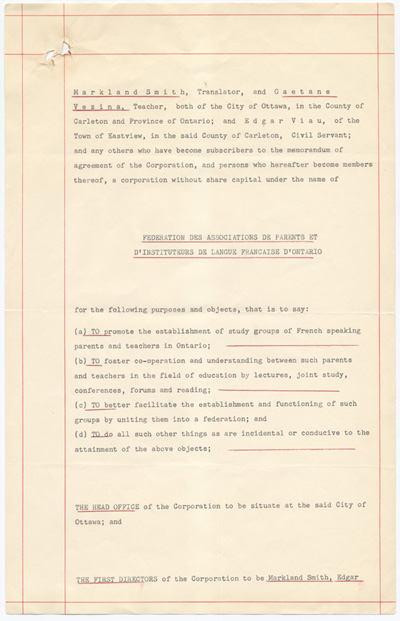 Reproduction de la troisi&egrave;me page des lettres patentes de la F&eacute;d&eacute;ration des associations de parents et d’instituteurs de langue fran&ccedil;aise d’Ontario (FAPI), 21 avril 1954.