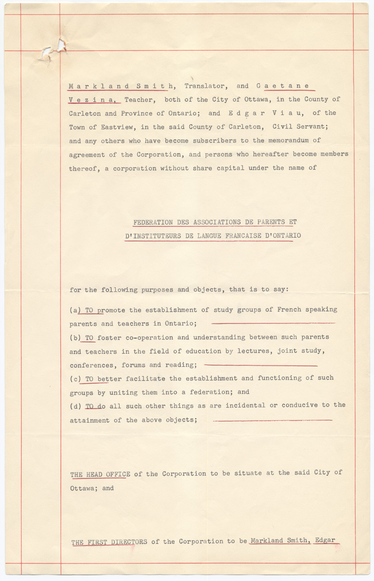 Reproduction de la troisi&egrave;me page des lettres patentes de la F&eacute;d&eacute;ration des associations de parents et d’instituteurs de langue fran&ccedil;aise d’Ontario (FAPI), 21 avril 1954.