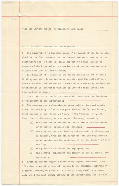 Reproduction de la quatri&egrave;me page des lettres patentes de la F&eacute;d&eacute;ration des associations de parents et d’instituteurs de langue fran&ccedil;aise d’Ontario (FAPI), 21 avril 1954.