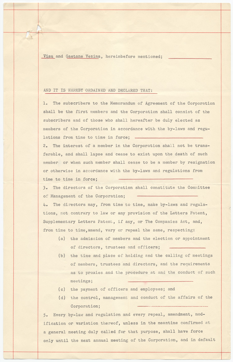 Reproduction de la quatri&egrave;me page des lettres patentes de la F&eacute;d&eacute;ration des associations de parents et d’instituteurs de langue fran&ccedil;aise d’Ontario (FAPI), 21 avril 1954.