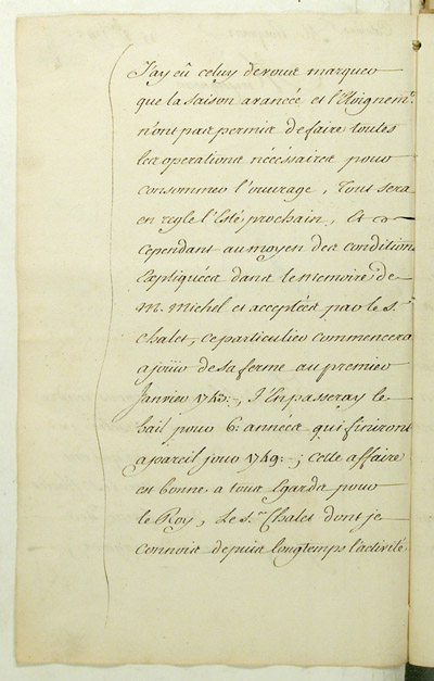 Reproduction du verso du quarante-septi&egrave;me folio du soixante-dix-huiti&egrave;me volume de la Correspondance g&eacute;n&eacute;rale Canada, comprenant une lettre de Gilles Hocquart, intendant de la Nouvelle-France, au ministre des Colonies, Jean-Fr&eacute;d&eacute;ric Ph&eacute;lipeaux de Maurepas, concernant l’affermage des forts Frontenac et Niagara &agrave; Fran&ccedil;ois Chalet, 15 octobre 1942.