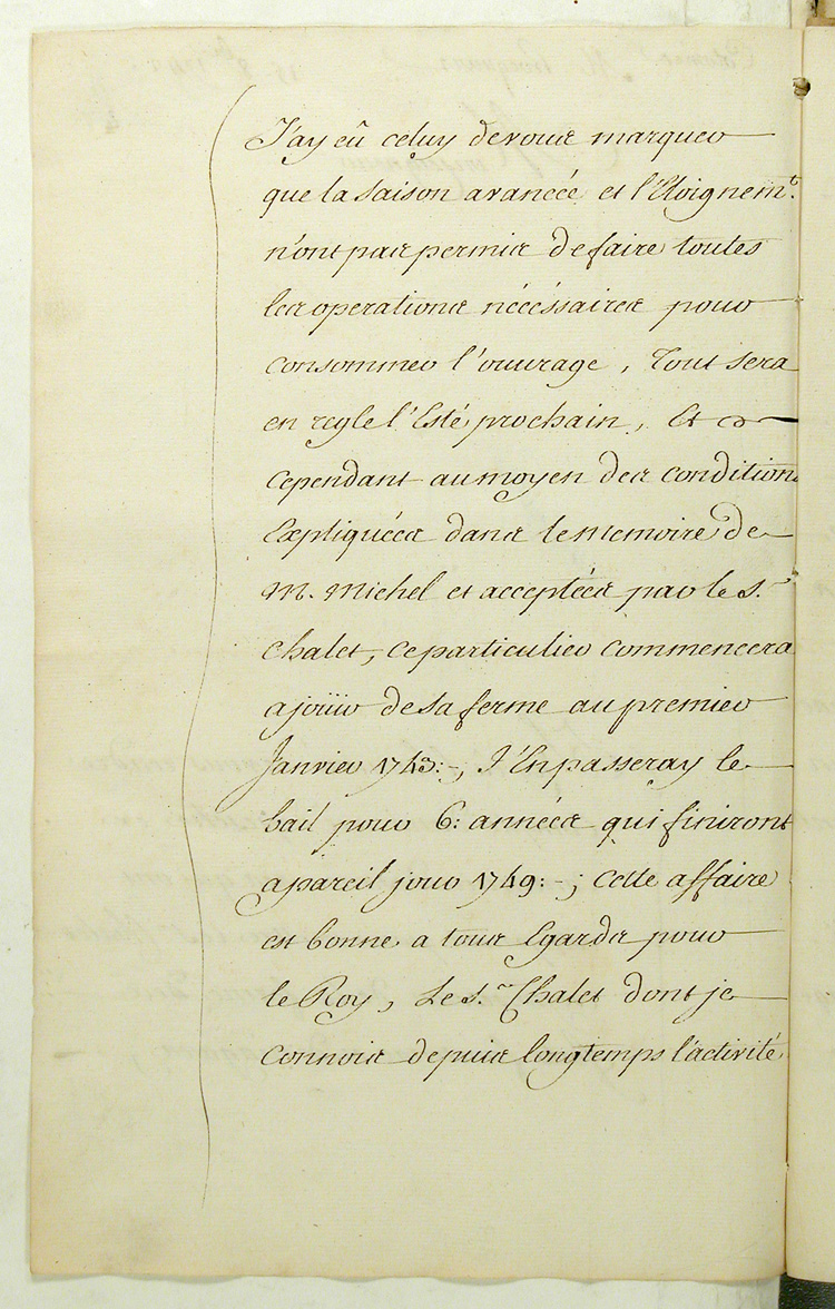 Reproduction du verso du quarante-septi&egrave;me folio du soixante-dix-huiti&egrave;me volume de la Correspondance g&eacute;n&eacute;rale Canada, comprenant une lettre de Gilles Hocquart, intendant de la Nouvelle-France, au ministre des Colonies, Jean-Fr&eacute;d&eacute;ric Ph&eacute;lipeaux de Maurepas, concernant l’affermage des forts Frontenac et Niagara &agrave; Fran&ccedil;ois Chalet, 15 octobre 1942.