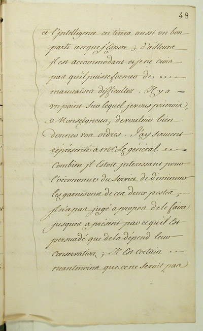 Reproduction du recto du quarante-huiti&egrave;me folio du soixante-dix-huiti&egrave;me volume de la Correspondance g&eacute;n&eacute;rale Canada, comprenant une lettre de Gilles Hocquart, intendant de la Nouvelle-France, au ministre des Colonies, Jean-Fr&eacute;d&eacute;ric Ph&eacute;lipeaux de Maurepas, concernant l’affermage des forts Frontenac et Niagara &agrave; Fran&ccedil;ois Chalet, 15 octobre 1942.