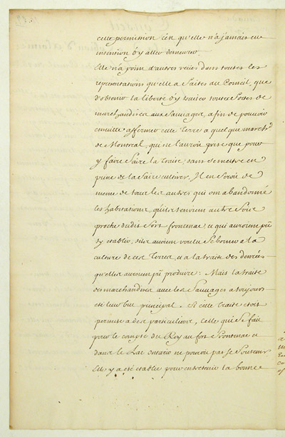 Reproduction du verso du vingt-neuvi&egrave;me folio du cent vingt-quatri&egrave;me volume de la Correspondance g&eacute;n&eacute;rale Canada comprenant la d&eacute;lib&eacute;ration du Conseil de la Marine au sujet d’une requ&ecirc;te de Madeleine de Roybon d’Allonne concernant le commerce avec les Indiens au fort Frontenac, 5 janvier 1718.