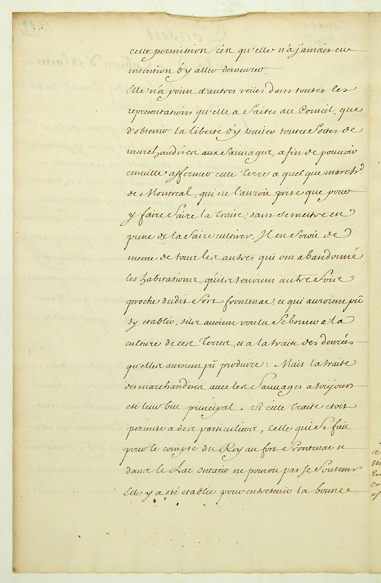 Reproduction du verso du vingt-neuvi&egrave;me folio du cent vingt-quatri&egrave;me volume de la Correspondance g&eacute;n&eacute;rale Canada comprenant la d&eacute;lib&eacute;ration du Conseil de la Marine au sujet d’une requ&ecirc;te de Madeleine de Roybon d’Allonne concernant le commerce avec les Indiens au fort Frontenac, 5 janvier 1718.