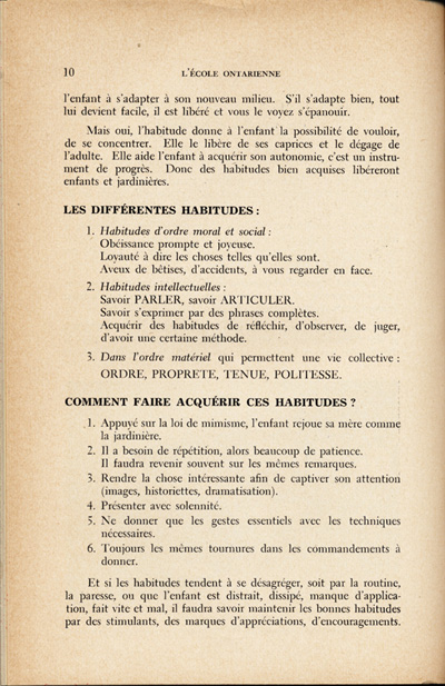 Reproduction de la dixi&egrave;me page du quatri&egrave;me num&eacute;ro du treizi&egrave;me volume de la revue p&eacute;dagogique L’&eacute;cole ontarienne, comprenant un article de Annette Joubarne intitul&eacute; Les habitudes &agrave; faire acqu&eacute;rir au jardin d’enfants, mars 1957.