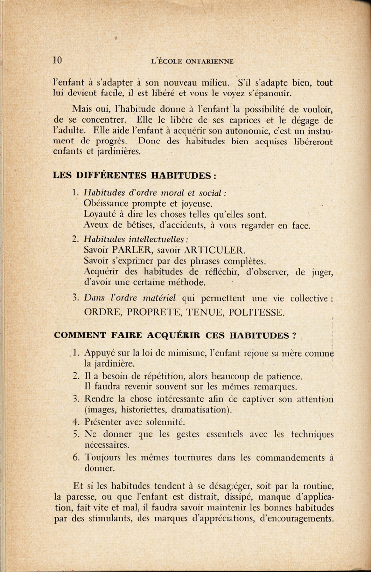 Reproduction de la dixi&egrave;me page du quatri&egrave;me num&eacute;ro du treizi&egrave;me volume de la revue p&eacute;dagogique L’&eacute;cole ontarienne, comprenant un article de Annette Joubarne intitul&eacute; Les habitudes &agrave; faire acqu&eacute;rir au jardin d’enfants, mars 1957.