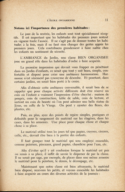 Reproduction de la onzi&egrave;me page du quatri&egrave;me num&eacute;ro du treizi&egrave;me volume de la revue p&eacute;dagogique L’&eacute;cole ontarienne, comprenant un article de Annette Joubarne intitul&eacute; Les habitudes &agrave; faire acqu&eacute;rir au jardin d’enfants, mars 1957.