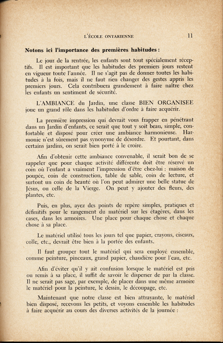 Reproduction de la onzi&egrave;me page du quatri&egrave;me num&eacute;ro du treizi&egrave;me volume de la revue p&eacute;dagogique L’&eacute;cole ontarienne, comprenant un article de Annette Joubarne intitul&eacute; Les habitudes &agrave; faire acqu&eacute;rir au jardin d’enfants, mars 1957.