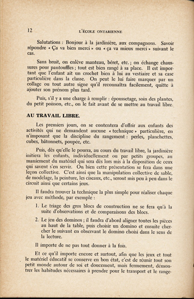 Reproduction de la douzi&egrave;me page du quatri&egrave;me num&eacute;ro du treizi&egrave;me volume de la revue p&eacute;dagogique L’&eacute;cole ontarienne, comprenant un article de Annette Joubarne intitul&eacute; Les habitudes &agrave; faire acqu&eacute;rir au jardin d’enfants, mars 1957.