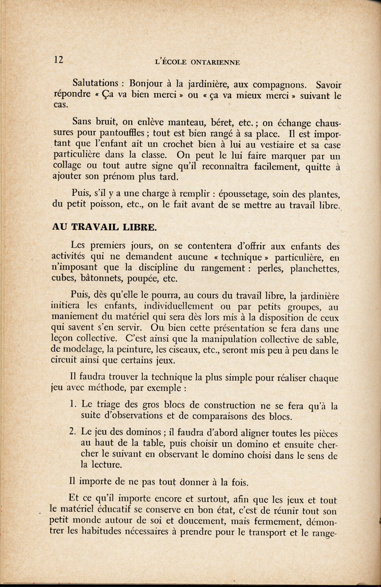 Reproduction de la douzi&egrave;me page du quatri&egrave;me num&eacute;ro du treizi&egrave;me volume de la revue p&eacute;dagogique L’&eacute;cole ontarienne, comprenant un article de Annette Joubarne intitul&eacute; Les habitudes &agrave; faire acqu&eacute;rir au jardin d’enfants, mars 1957.