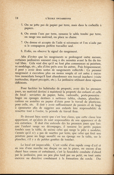 Reproduction de la quatorzi&egrave;me page du quatri&egrave;me num&eacute;ro du treizi&egrave;me volume de la revue p&eacute;dagogique L’&eacute;cole ontarienne, comprenant un article de Annette Joubarne intitul&eacute; Les habitudes &agrave; faire acqu&eacute;rir au jardin d’enfants, mars 1957.