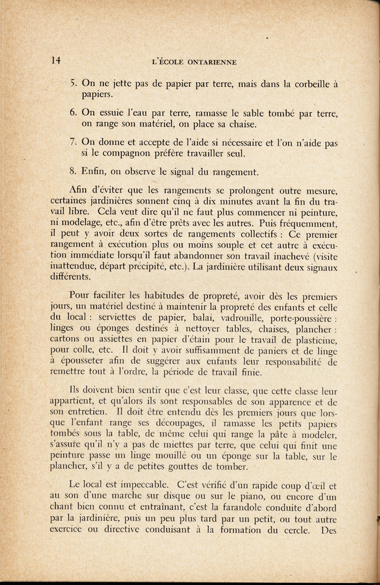 Reproduction de la quatorzi&egrave;me page du quatri&egrave;me num&eacute;ro du treizi&egrave;me volume de la revue p&eacute;dagogique L’&eacute;cole ontarienne, comprenant un article de Annette Joubarne intitul&eacute; Les habitudes &agrave; faire acqu&eacute;rir au jardin d’enfants, mars 1957.