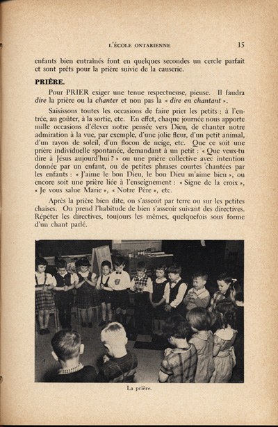 Reproduction de la quinzi&egrave;me page du quatri&egrave;me num&eacute;ro du treizi&egrave;me volume de la revue p&eacute;dagogique L’&eacute;cole ontarienne, comprenant un article de Annette Joubarne intitul&eacute; Les habitudes &agrave; faire acqu&eacute;rir au jardin d’enfants, mars 1957.
