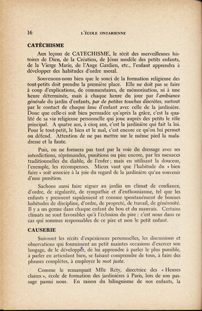 Reproduction de la seizi&egrave;me page du quatri&egrave;me num&eacute;ro du treizi&egrave;me volume de la revue p&eacute;dagogique L’&eacute;cole ontarienne, comprenant un article de Annette Joubarne intitul&eacute; Les habitudes &agrave; faire acqu&eacute;rir au jardin d’enfants, mars 1957.