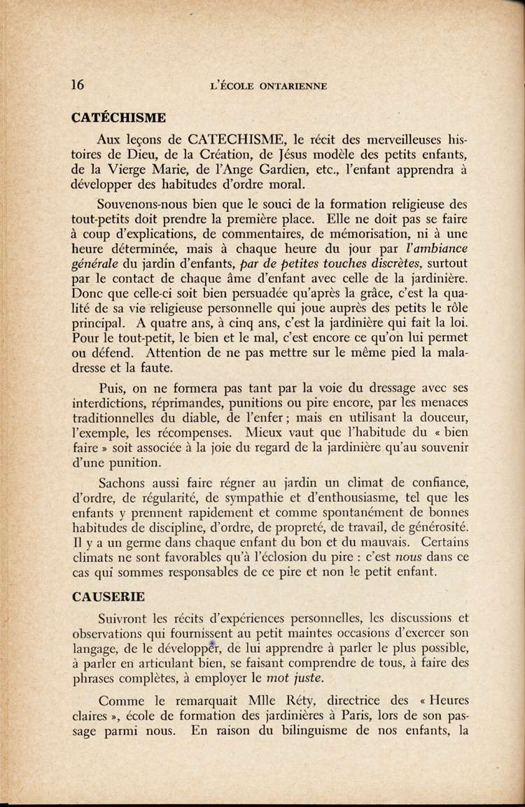 Reproduction de la seizi&egrave;me page du quatri&egrave;me num&eacute;ro du treizi&egrave;me volume de la revue p&eacute;dagogique L’&eacute;cole ontarienne, comprenant un article de Annette Joubarne intitul&eacute; Les habitudes &agrave; faire acqu&eacute;rir au jardin d’enfants, mars 1957.