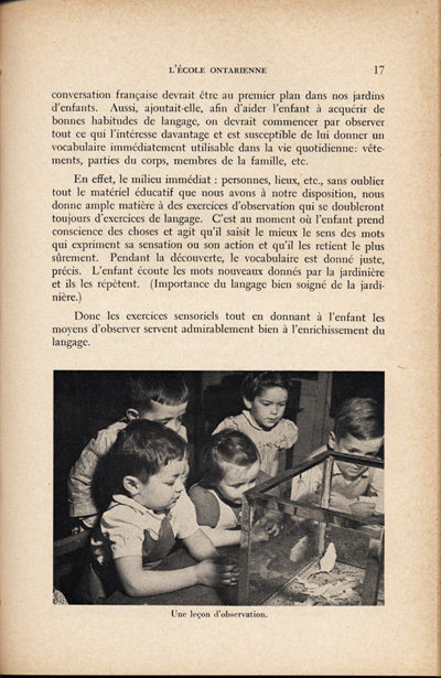 Reproduction de la dix-septi&egrave;me page du quatri&egrave;me num&eacute;ro du treizi&egrave;me volume de la revue p&eacute;dagogique L’&eacute;cole ontarienne, comprenant un article de Annette Joubarne intitul&eacute; Les habitudes &agrave; faire acqu&eacute;rir au jardin d’enfants, mars 1957.