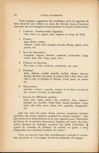 Reproduction de la dix-huiti&egrave;me page du quatri&egrave;me num&eacute;ro du treizi&egrave;me volume de la revue p&eacute;dagogique L’&eacute;cole ontarienne, comprenant un article de Annette Joubarne intitul&eacute; Les habitudes &agrave; faire acqu&eacute;rir au jardin d’enfants, mars 1957.