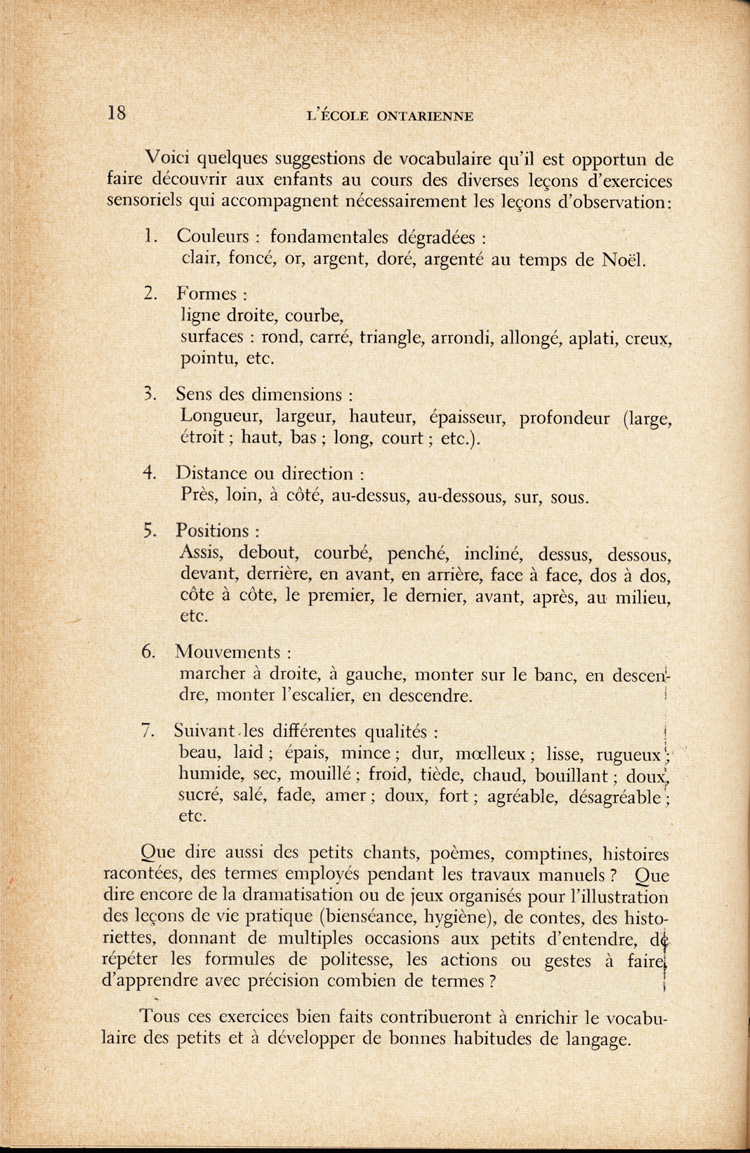 Reproduction de la dix-huitième page du quatrième numéro du treizième volume de la revue pédagogique L’école ontarienne, comprenant un article de Annette Joubarne intitulé Les habitudes à faire acquérir au jardin d’enfants, mars 1957.