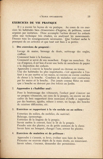 Reproduction de la dix-neuvi&egrave;me page du quatri&egrave;me num&eacute;ro du treizi&egrave;me volume de la revue p&eacute;dagogique L’&eacute;cole ontarienne, comprenant un article de Annette Joubarne intitul&eacute; Les habitudes &agrave; faire acqu&eacute;rir au jardin d’enfants, mars 1957.