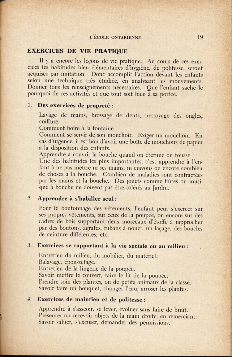 Reproduction de la dix-neuvième page du quatrième numéro du treizième volume de la revue pédagogique L’école ontarienne, comprenant un article de Annette Joubarne intitulé Les habitudes à faire acquérir au jardin d’enfants, mars 1957.