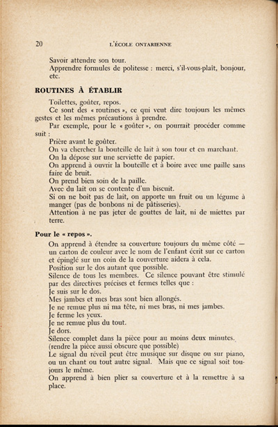 Reproduction de la vingti&egrave;me page du quatri&egrave;me num&eacute;ro du treizi&egrave;me volume de la revue p&eacute;dagogique L’&eacute;cole ontarienne, comprenant un article de Annette Joubarne intitul&eacute; Les habitudes &agrave; faire acqu&eacute;rir au jardin d’enfants, mars 1957.