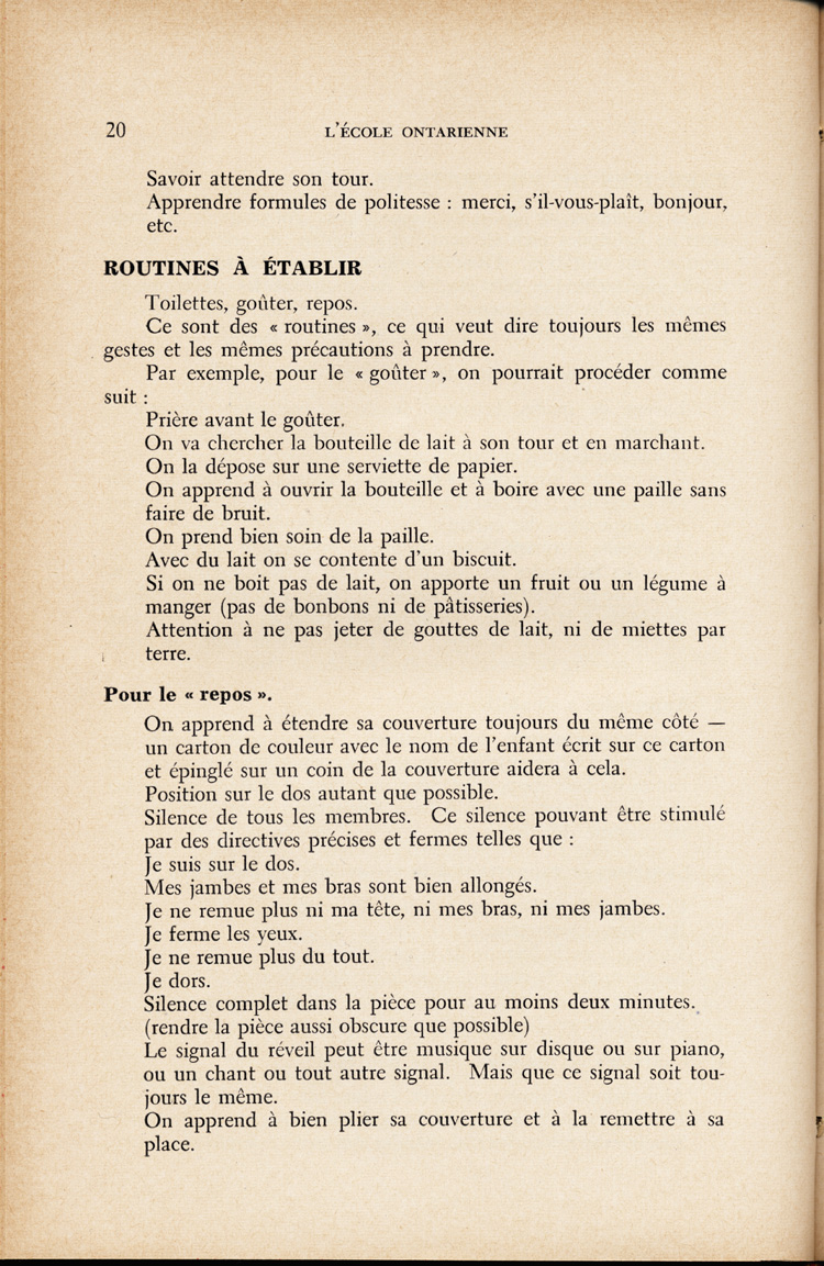 Reproduction de la vingti&egrave;me page du quatri&egrave;me num&eacute;ro du treizi&egrave;me volume de la revue p&eacute;dagogique L’&eacute;cole ontarienne, comprenant un article de Annette Joubarne intitul&eacute; Les habitudes &agrave; faire acqu&eacute;rir au jardin d’enfants, mars 1957.