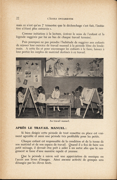 Reproduction de la vingt-deuxi&egrave;me page du quatri&egrave;me num&eacute;ro du treizi&egrave;me volume de la revue p&eacute;dagogique L’&eacute;cole ontarienne, comprenant un article de Annette Joubarne intitul&eacute; Les habitudes &agrave; faire acqu&eacute;rir au jardin d’enfants, mars 1957.