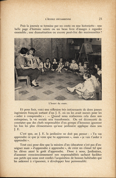 Reproduction de la vingt-troisi&egrave;me page du quatri&egrave;me num&eacute;ro du treizi&egrave;me volume de la revue p&eacute;dagogique L’&eacute;cole ontarienne, comprenant un article de Annette Joubarne intitul&eacute; Les habitudes &agrave; faire acqu&eacute;rir au jardin d’enfants, mars 1957.