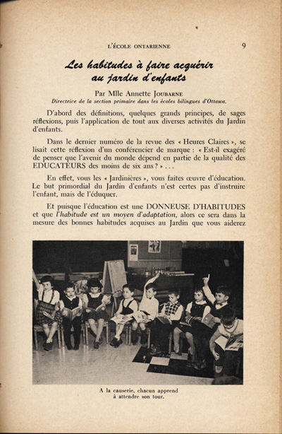 Reproduction de la neuvi&egrave;me page du quatri&egrave;me num&eacute;ro du treizi&egrave;me volume de la revue p&eacute;dagogique L’&eacute;cole ontarienne, comprenant un article de Annette Joubarne intitul&eacute; Les habitudes &agrave; faire acqu&eacute;rir au jardin d’enfants, mars 1957.
